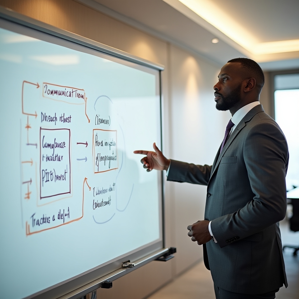A whiteboard in a business meeting room showing a feedback communication diagram with arrows and annotations