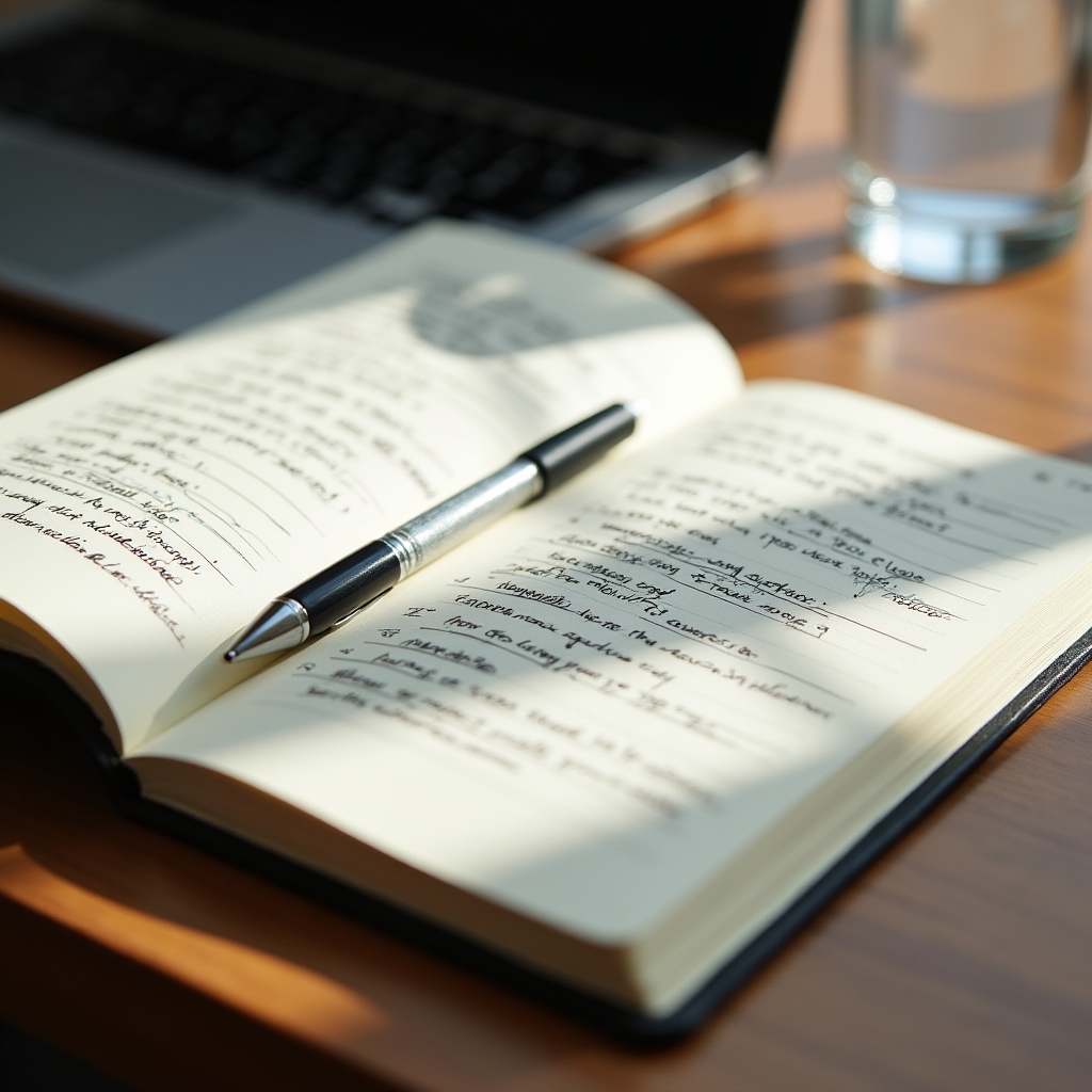 Open notebook with feedback framework notes and structured annotations on a clean desk