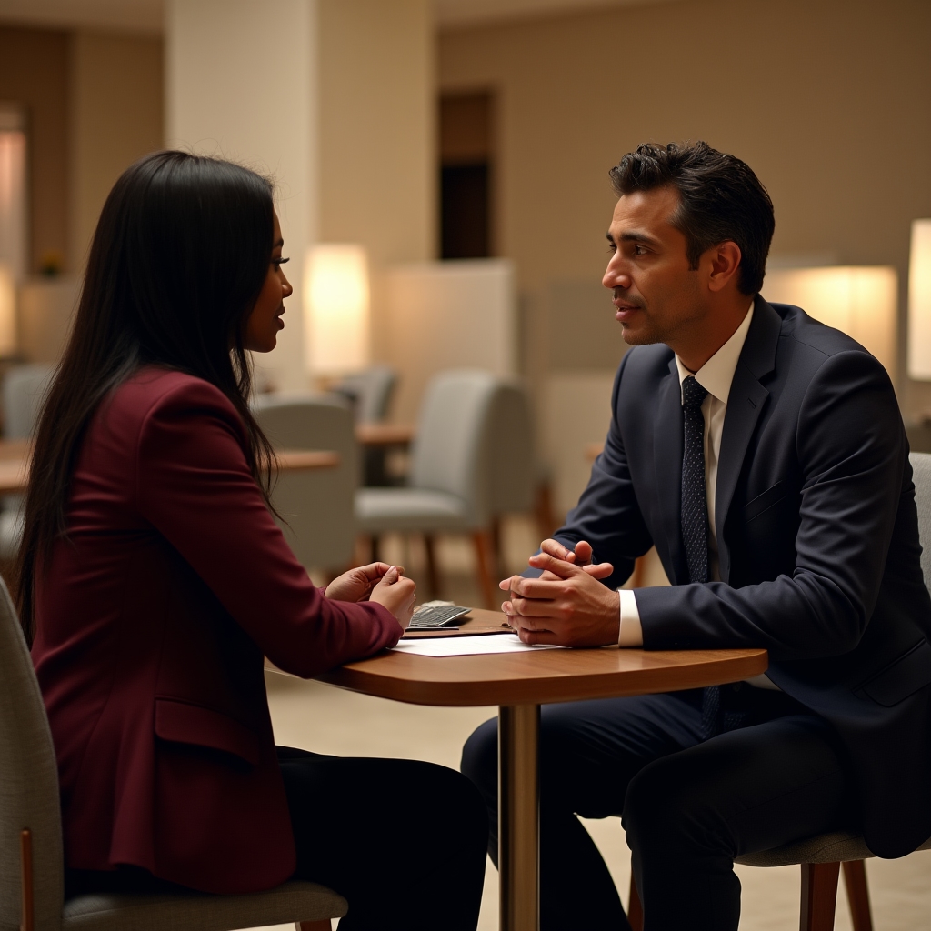 Manager giving focused feedback to a team member in a professional office setting