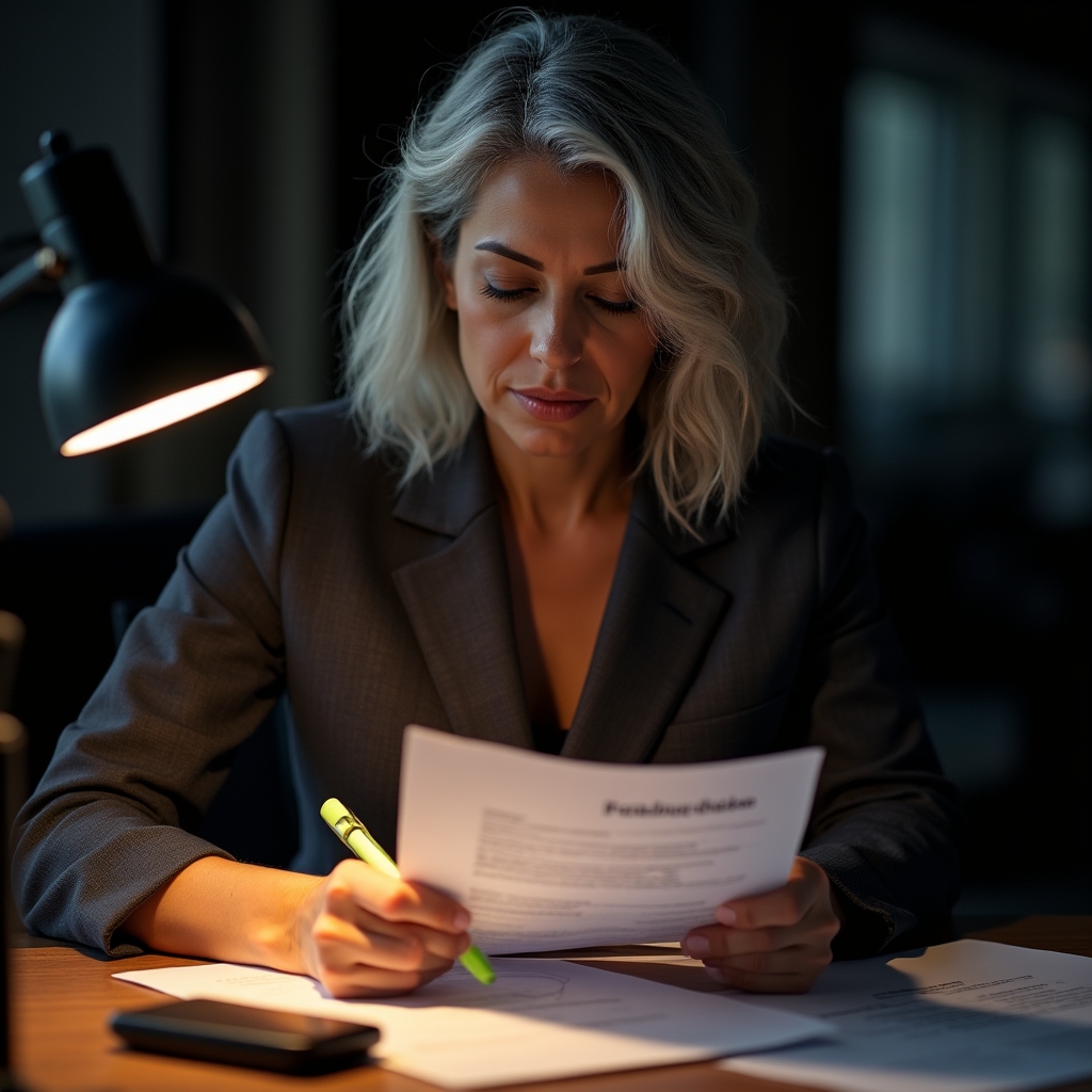 A senior manager reviewing printed feedback frameworks at a desk with warm focused lighting