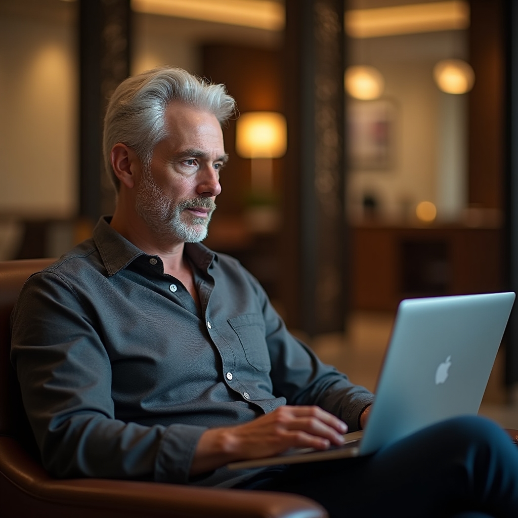 Manager studying an online course on laptop in a quiet hotel business center lounge area