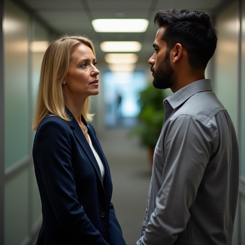 Two professionals in a focused one-on-one meeting in a quiet office corridor with warm ambient light