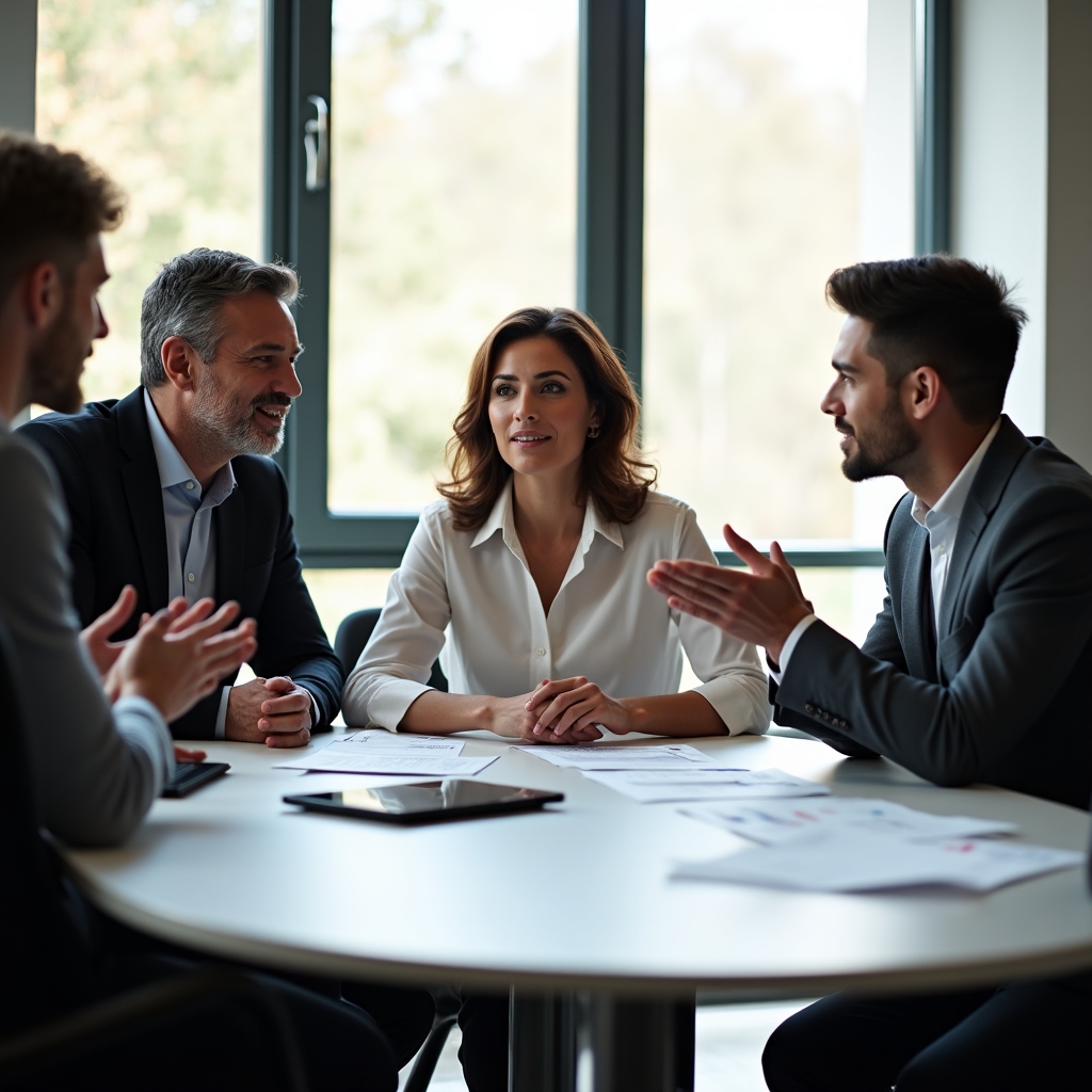 A diverse management team in discussion around a conference table with natural light and professional atmosphere